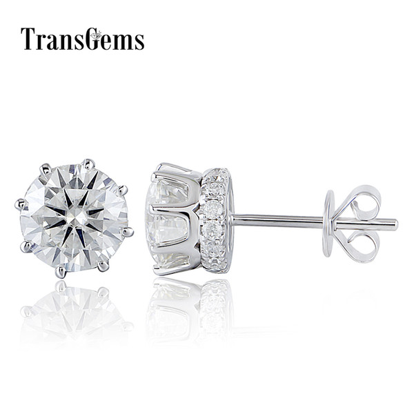 Transgems Solid 14k 585 White Gold 2ctw 6.5mm Gh Color Clear Moissanite Stud Earring With Accents Push Back For Women C19032501