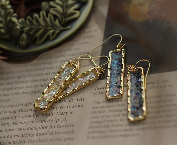 Crystal Art Earrings Flash Shard Blue White Translucent Rectangle Continental Ear Hook Earrings Female Stud Earrings