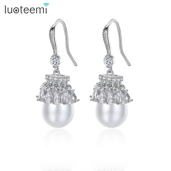 LUOTEEMI Fashion Silver Color Waterdrop Cubic Zirconia With Simulated Pearl Bridal Drop Earrings For Women Romantic Jewellery