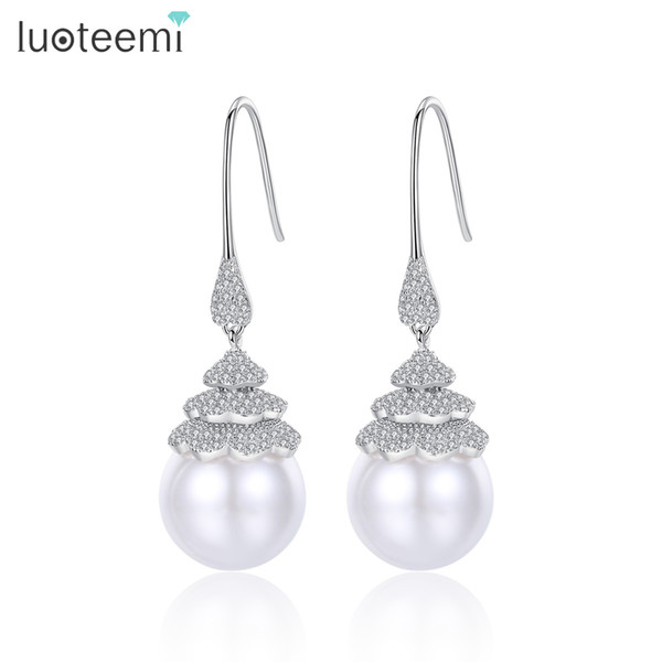 LUOTEEMI Vintage Wedding Cubic Zirconia and Round White Imitation Pearl Drop Dangle Bridal Earrings For Women Brincos Pendientes