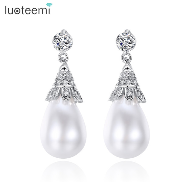 LUOTEEMI Silver Tone Retro Waterdrop Imitation White Pearl Dangle Earrings for Women Vintage Jewellery Mother's Day Gifts Party