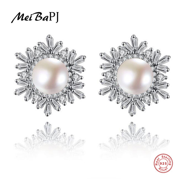 [MeiBaPJ] Natural Pearl Snowflake Stud Earrings Real 925 Sterling Silver Fashion Earrings for Women