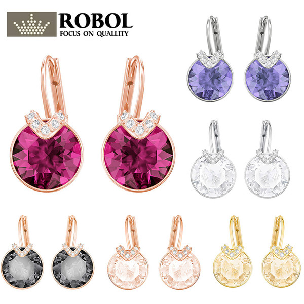 ROBOL Original SWA Exquisite Women Jewelry Stud Earrings BELLA V Pierced Earrings Violet White Gold Black Rose Red Cubic Zircon