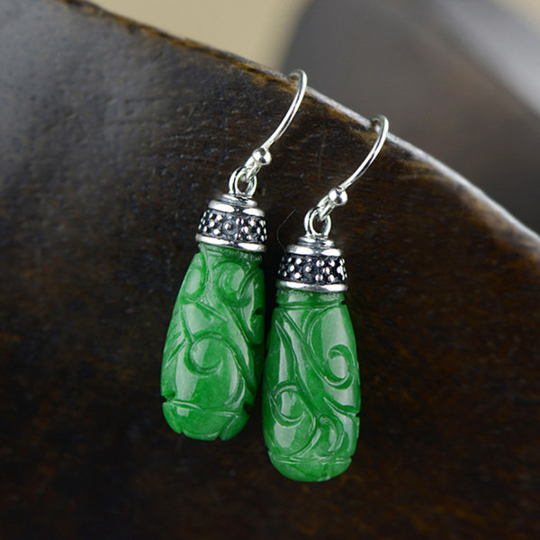 Earrings Silver 925 Natural Stone Green Jade Drop Earrings For Women Ethnic Wholesale Lots Bulk Jewelry Oorbellen Voor Vrouwen