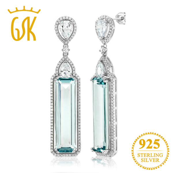 GemStoneKing 925 Sterling Silver 12.00 Ctw Baguette Cut Created Aquamarine & White CZ Art Deco Dangle Earrings For Women