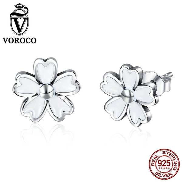 VOROCO 925 Sterling Silver Stud Earring for Women Fashion Flower Design Enamel Earrings Fine Jewelry Bijoux Pendientes BKE418