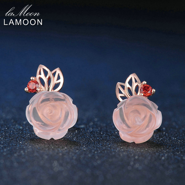 LAMOON 9mm Rose Flower Natural Pink Rose Quartz made with 925 Sterling Silver Jewelry Stud Earrings LMEI015 D1892005