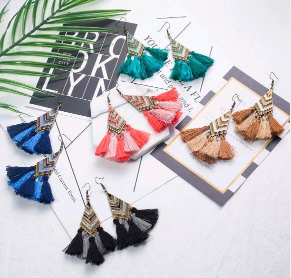 Long ethnic eardrop Bohemian fabric tassel eardrop floral female retro geometric alloy drop earrings