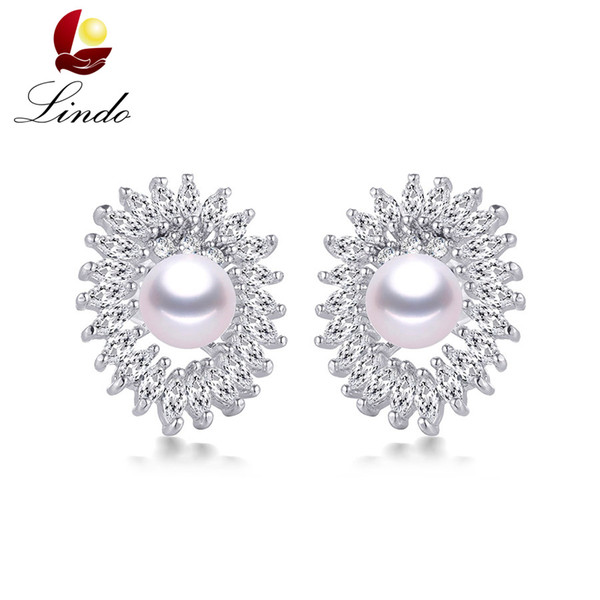 Lindo Luxury AAA Zircon White Real Natural Pearl Stud Earrings For Women Wedding Fashion Silver 925 Freshwater Pearl Jewelry