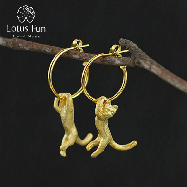 Lotus Fun Real 925 Sterling Silver Natural Creative Handmade Fine Jewelry Cute Kung Fu Cat Drop Earrings for Women BrincosY1882803