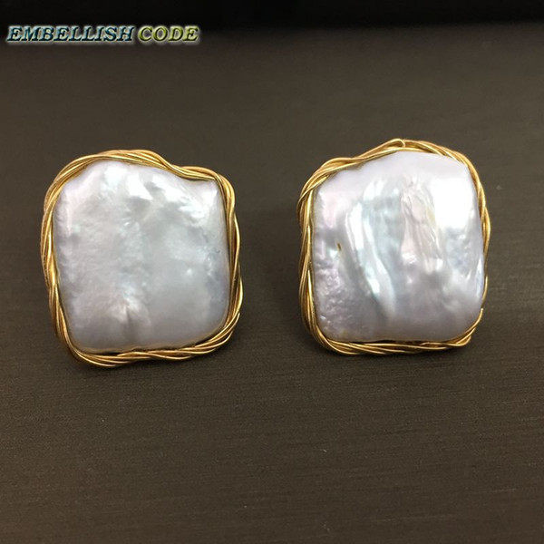 2018 NEW style Design Hand made winding elegant Baroque pearl golden color flat block square real natural pearls stud earrings