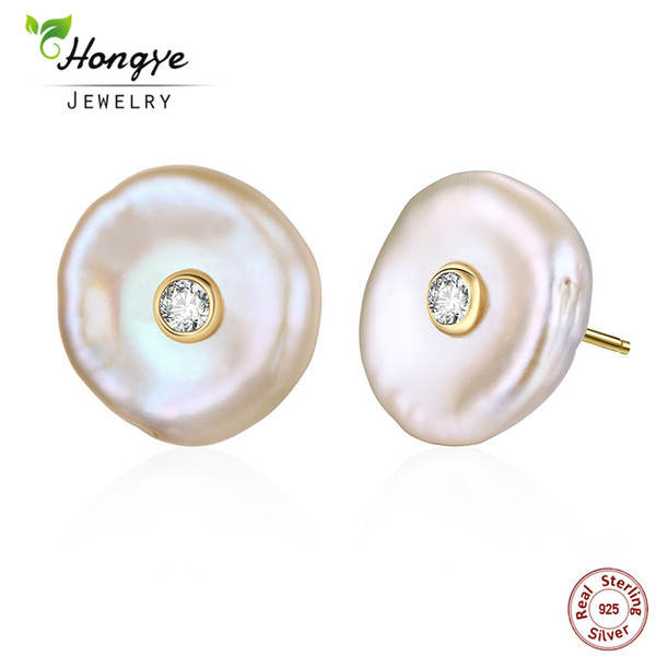 Hongye 2018 Women Earring Real Natural Freshwater Pearl Baroque Stud Earrings 925 Sterling Silver Flat Brincos silver jewelry