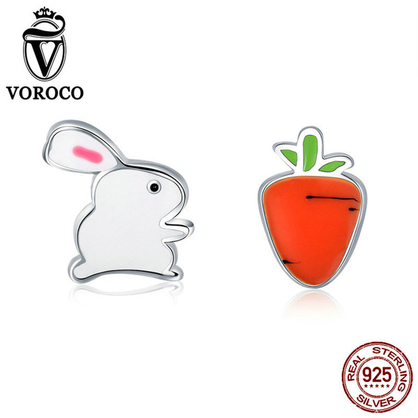 VOROCO 2018 New Cute Rabbit Carrot Stud Earrings Girl Real 925 Sterling Silver Enamel Earring Pendientes Trendy Brincos VSE154