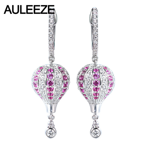 AULEEZE Hot Air Balloon Design 18K White Gold Natural Pink Sapphire Drop Earrings Real Gemstone Diamond Anniversary Gift