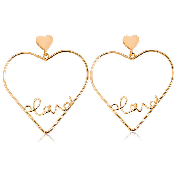 Love Earrings Female European and American Foreign Trade 2018 Sweet and Lovable Hollow-out Peach Heart Letter Exaggerates Love Earrings