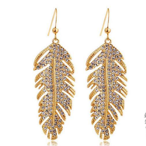 Feather Long Dangle Earrings Gold Silver Plated Crystal Diamond Leaf Earrings Bohemian Jewelry for Women Sale