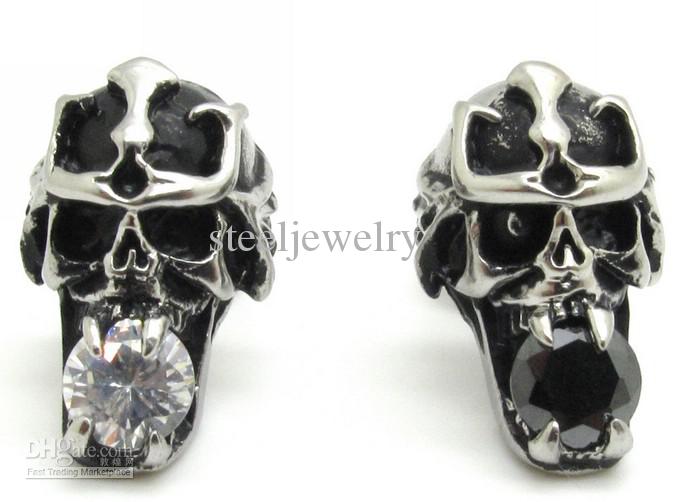 Unisex Punk Pair Skull Fashion Earrings Ear Studs Crystal Inlay 316L Stainless Steel Ear Pin Jewellery