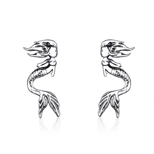 2019 Fashion Earrings 925 Sterling Silver Vintage Mermaid Figure Stud Earing For Women Ear Pin Gifts For Girl Sce588 Bamoer