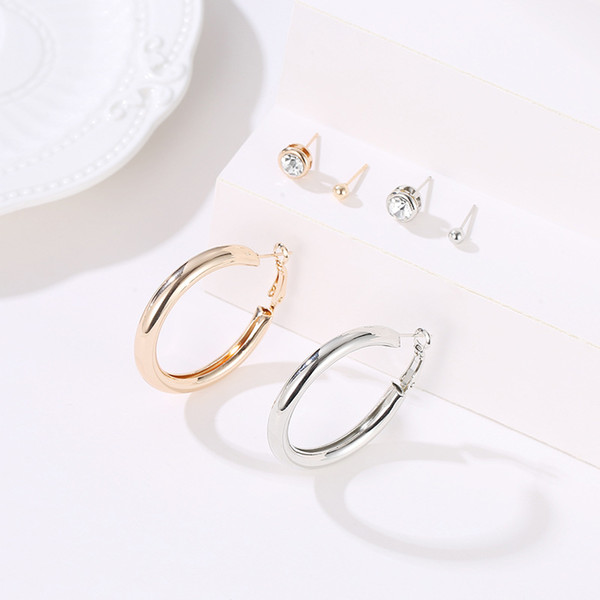 10 Sets/Lot Simple 3pcs Hoop Stud Earrings Set Gold Silver Color Circle Rhinestone Earrings Women Ear Jewelry