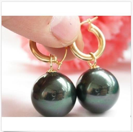 HUGE 16MM PERFECT ROUND BLACK SOUTH SEA SHELL PEARL DANGLE EARRING 14K GOLD