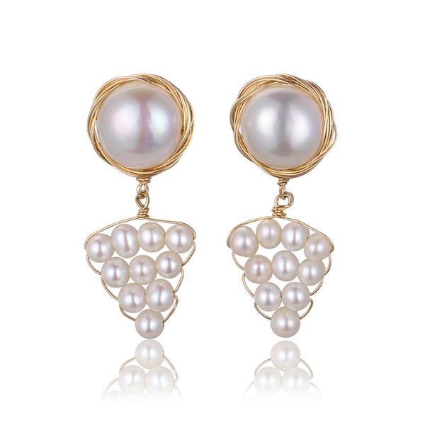 Baroque Pearl Grape Earrings Handmade 14K Golden Wire Wrap White Round Pearl Earrings Natural Freshwater Drop For Women