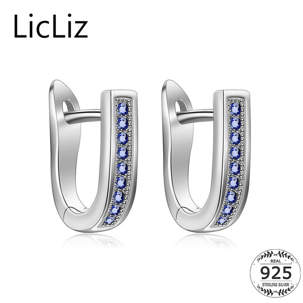 LicLiz Small 925 Sterling Silver Hoop Earrings Women Blue Zircon Loop Earring Ear Hoops Geometric Letter U Huggie Earring LE0366 Y190125