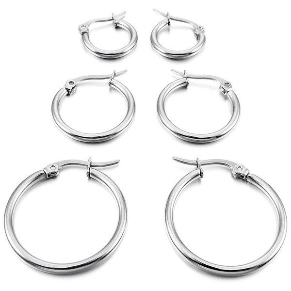 3 pairs 15mm 20mm 25mm Stainless Steel Hoop Huggies Earrings Set Woman Silver