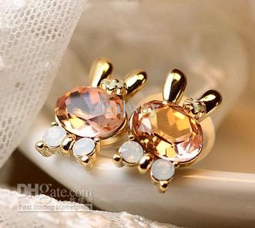 Rabbit Shape Ear Stud mix color Fashion Crystal Bow Silver Gold Plated Lovely