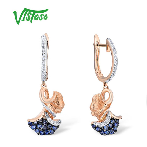 VISTOSO 14K 585 Yellow Gold Earrings For Women Sparkling Diamond Emerald Blue Sapphire Leaves Drop Earrings Elegant Fine Jewelry