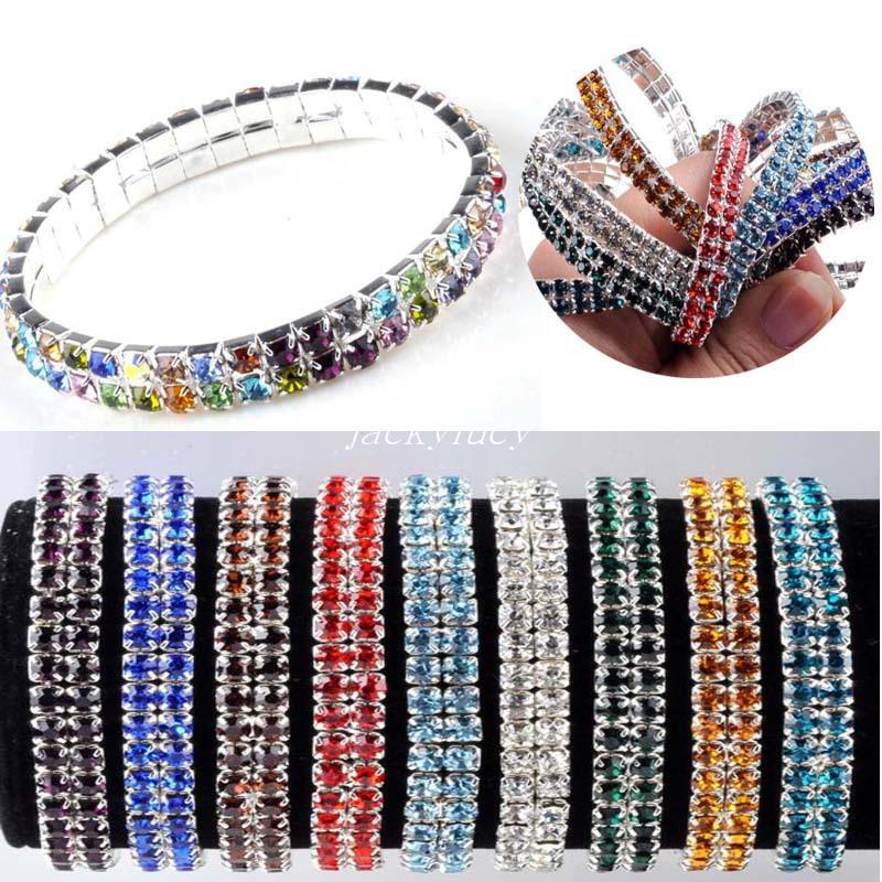 Fashion Wedding Bridal Clear Crystal Shinning Rhinestone Silver Plated Stretch Bracelets 2 Rows Elastic Bangle for Women