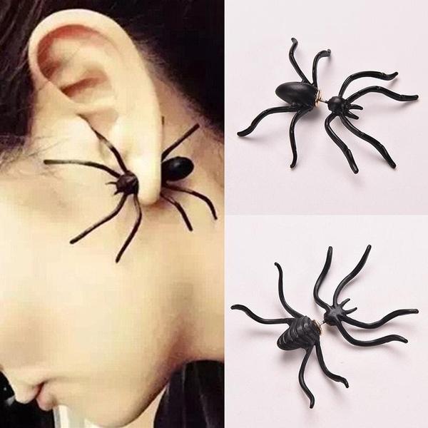 Black Spider Earrings Holloween 3D Stereo Animal Stud Earings Fake Piercing Women's Fashion Jewelry 1pc (Color: Black)