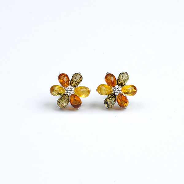 JIUDUO Natural Amber Earrings 925 silver ear nail for amber 14mm flower shape Stone