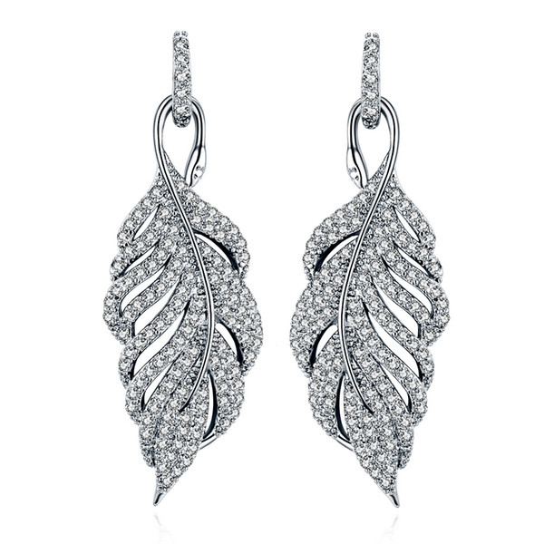 SALE 925 silver Europe Feather Crystal from  new fashion creative cz Earrings classic retro micro set hot jewelry