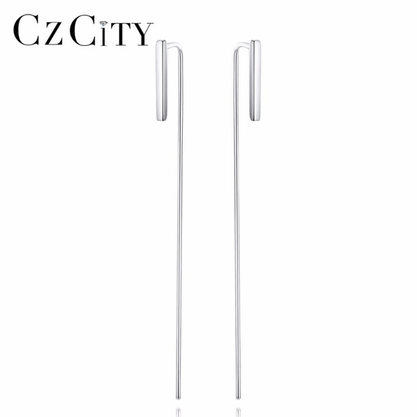 CZCITY Trendy Pure Silver Long Chain Link Earrings Dangle Women 925 Sterling Beaded Tassel Earrings Ear line Tread Drops Gift