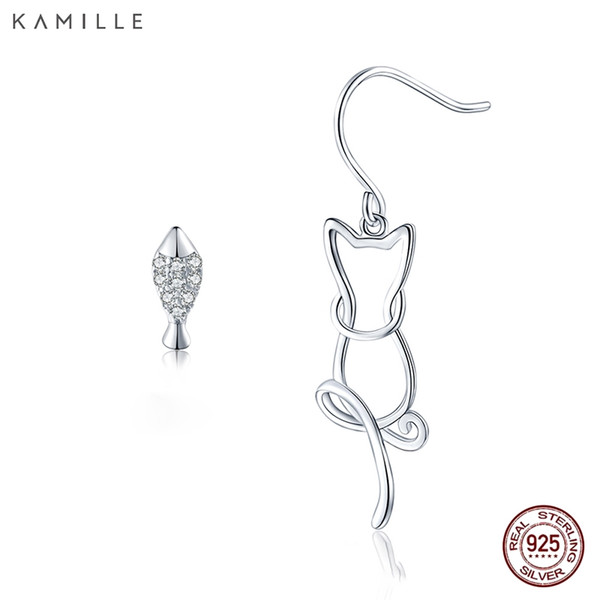 Kamille100% 925 Sterling Silver Earrings For Women Asymmetric Cat Fish Stud Earrings Gift Hypoallergenic Sterling-silver-jewelry