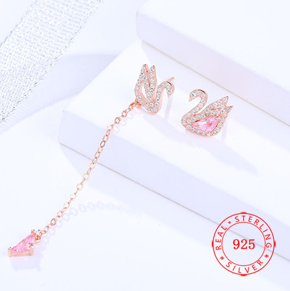 Unique Luxury Women Wedding Gift 925 Sterling Silver Pave Zircon Swan Drop Dangle Earring Long Chain Earrings