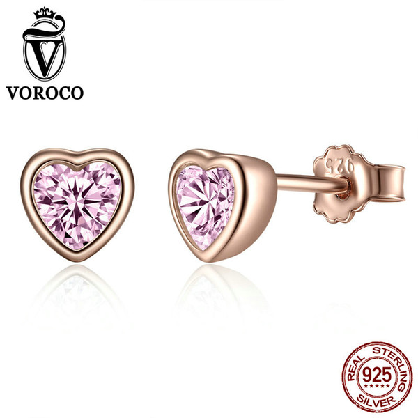 VOROCO Pure 100% 925 Sterling Silver Cute Stud Earrings Woman Dazzling Girly Zircon Fine Jewelry Party Anniversary Gift ZBBS452