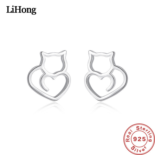 Genuine 100% 925 Sterling Silver Animal Cute Cat Stud Earrings for Women Simple Fashion Jewelry Gift