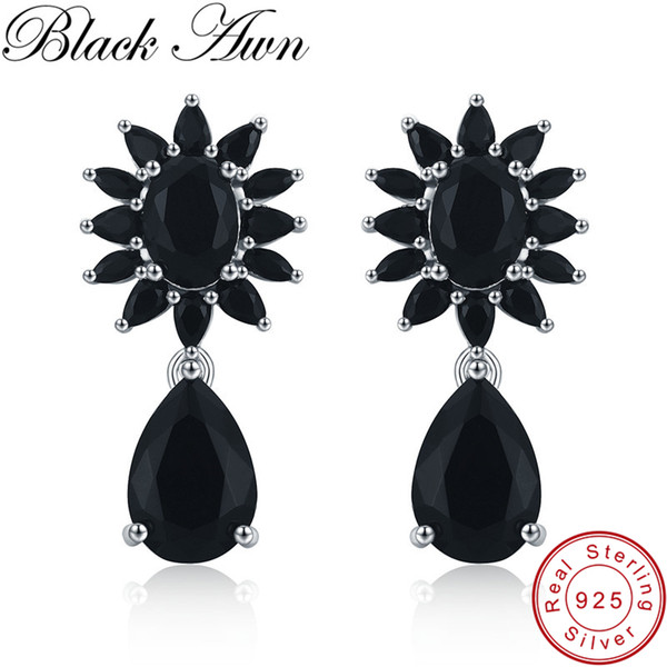 [BLACK AWN] Pure 925 Sterling Silver Jewelry Black Spinel Flower Wedding Drop Earrings for Women Fine Silver 925 Jewelry I066