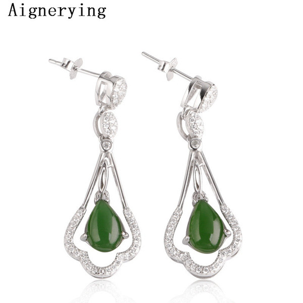 Certificate 925 Sterling Silver Earing Natural Hetian Green Jade Earrings For Women Plant Wedding Earrings Jewellery Gift box