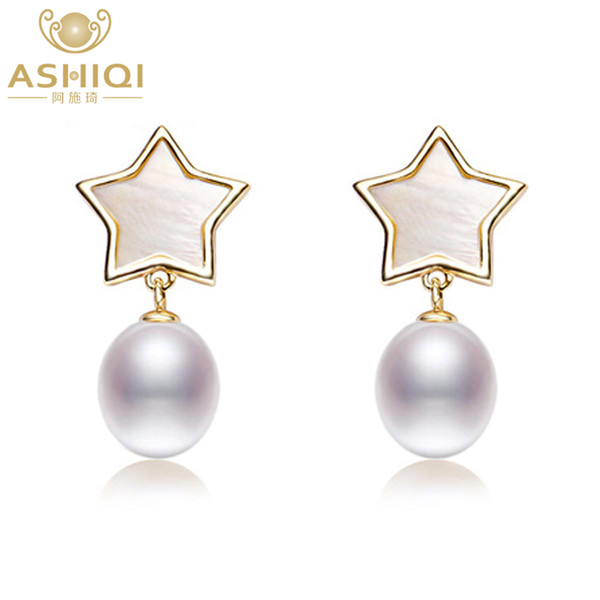 ASHIQI Real Freshwater Pearl Earrings Natural shell stars drop earrings 925 sterling silver jewelry For Women gift