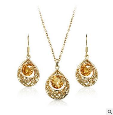 Classic Retro Water Drop Zircon Gold Plated and Silver Plated Jewelry Set Austrian Crystal Necklace and Earrings