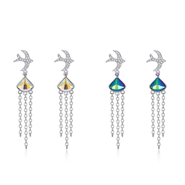 Elegant Women Drop Earrings 925 Sterling Silver Crystals from Austria Earrings Tassel Dangle CZ Zircons Swallow Lady