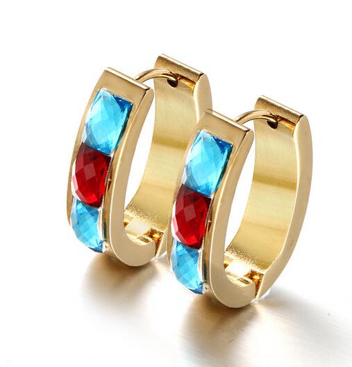 Amazing Quality Bohemian style Popular Design Stainless Steel Gold Round Hoop Earring High Quality Blue &Red Rhinestone Crystals