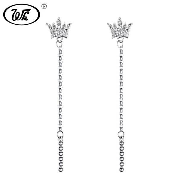 WK NEW Trendy Crown Long Drop Earrings Silver 925 Fine Jewelry For Women Link Chain Ball Tassel Dangle Earing Pendiente LW EB070