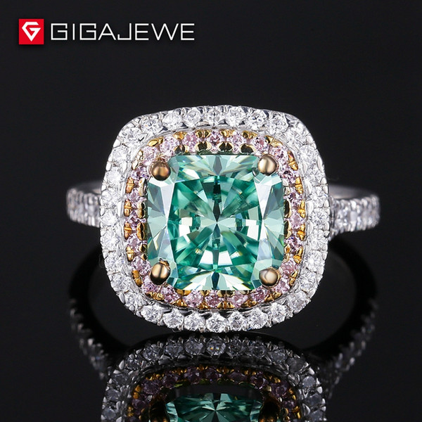 2.5Ct Cushion Cut Moissanite Engagement Green Color 925 Sterling Silver Ring with side stones Free shipping