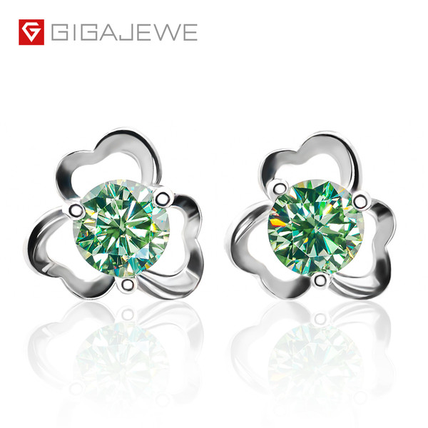 GIGAJEWE 0.46ct/pcs Green and Yellow Round Cut Silver Studs 3-Prong Forever Moissanite Stone Earrings for Engagement and Romantic Jewelry