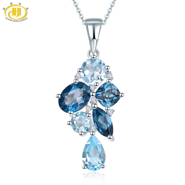 Hutang London Blue Topaz Pendant Natural Gemstone Solid 925 Sterling Silver Necklace Fine Fashion Stone Jewelry Gift Accessories