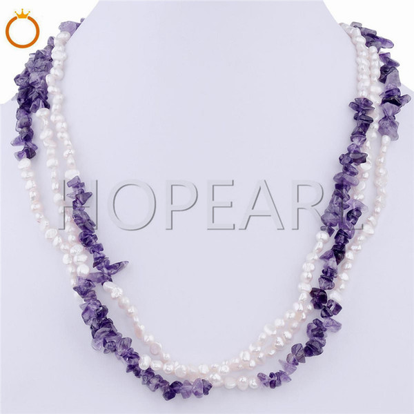 three strands nugget white pearls with amethyst necklace freshwater cultured pearl fine jewelry gift new design