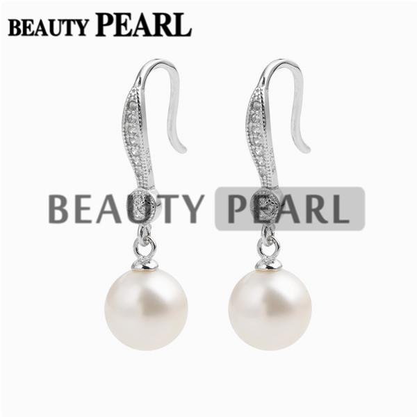 Round 8-9mm White Freshwater Cultured Pearls Cubic Zirconia 925 Sterling Silver Earrings Wedding Bridal Women Jewelry